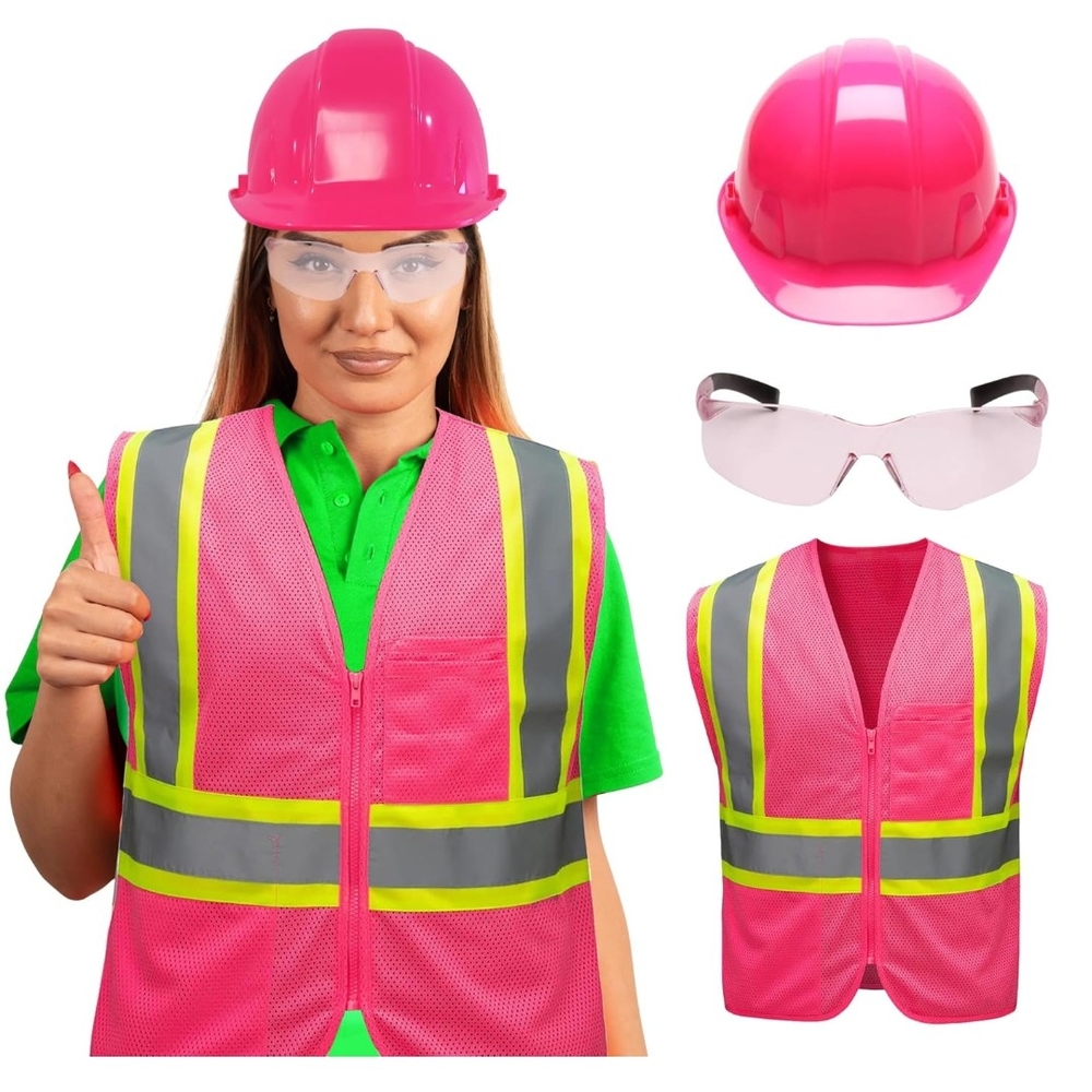 Construction Girl Vibrant Pink PPE, (Safety Vest, Hard Hat & Safety Glasses)